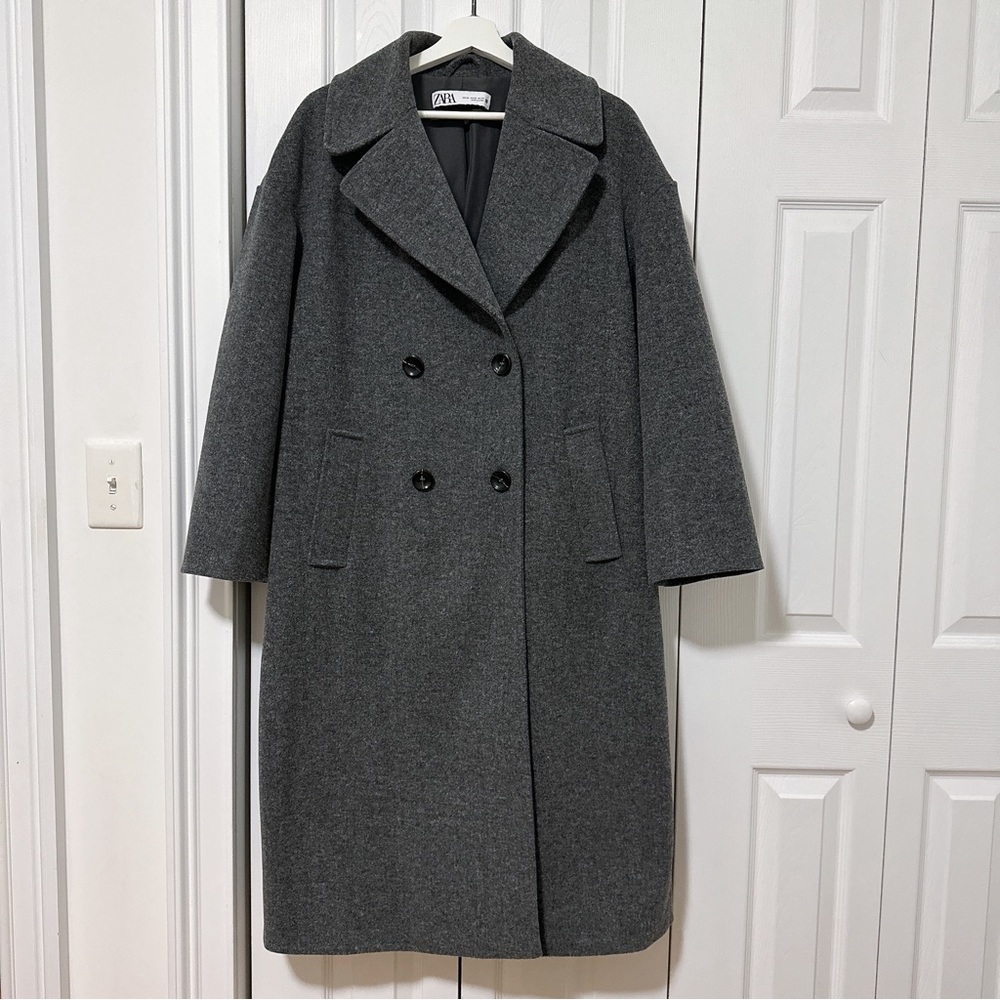 Zara Double-Breasted Charcoal Gray Wool Blend Coat